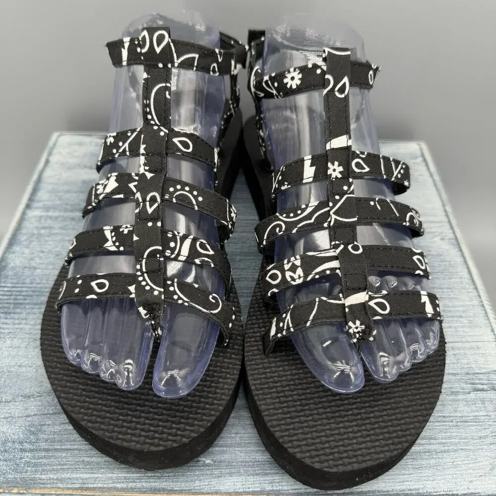 NEW Arizona Love Trekky Printed Canvas Spartiate Sandals Black/White Size 9